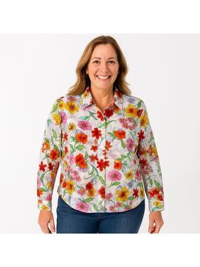 Jones New York Womens Floral Blouse Size 6P Long Sleeve Bloomcore Sheer Collar